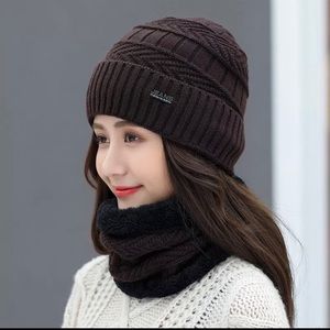 Dark Brown Matching Beanie Hat & Scarf with fur